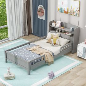 Wood Twin Size Platform Bed with Built-in LED Light, Storage Headboard and Guardrail (Color: Antique Gray)